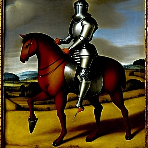 retrato de un caballero medieval con armadura montando a caballo con estilo de Diego Velázquez