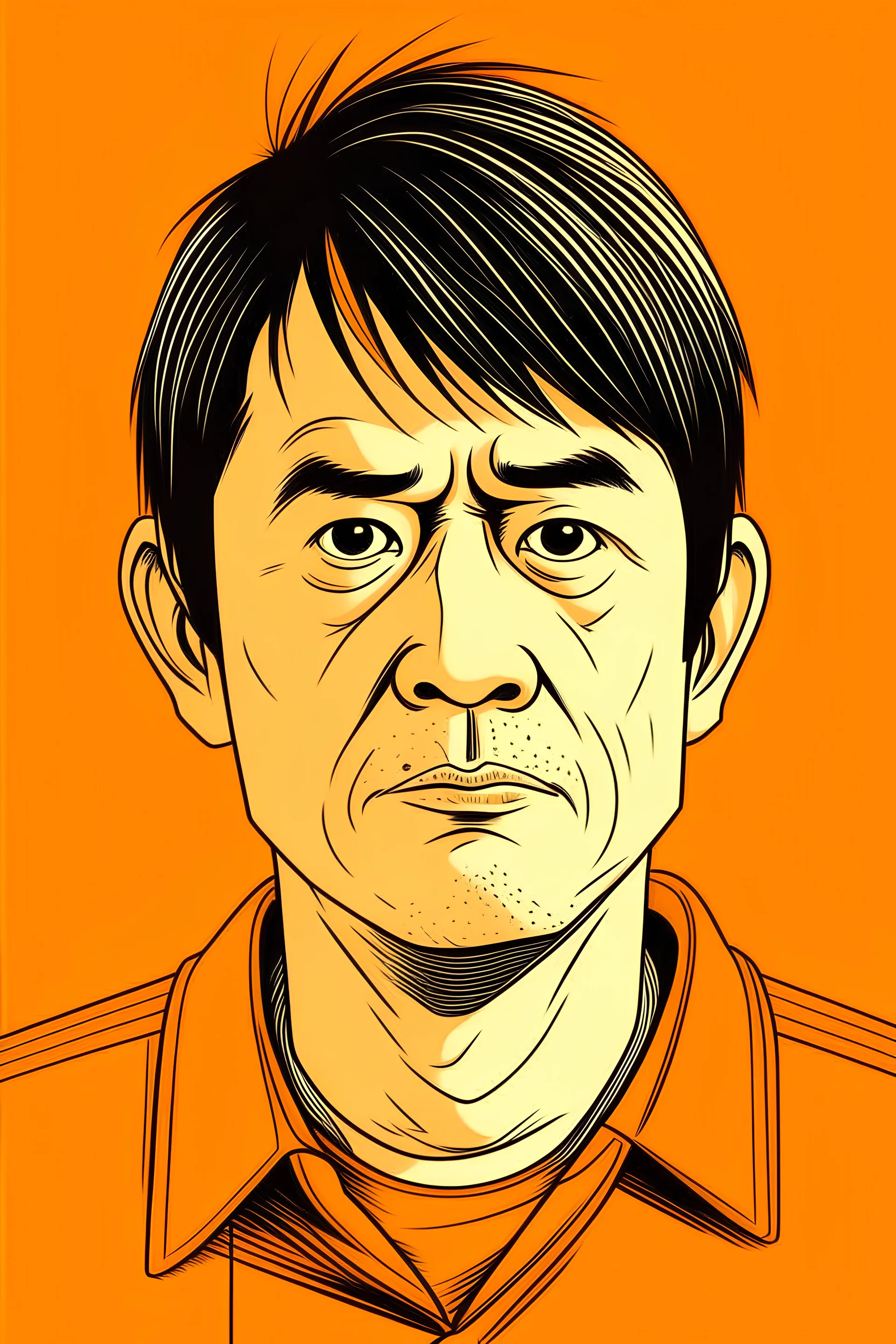 Illustration of nervous 40 year old Japanese man with with black hair, front view, orange background