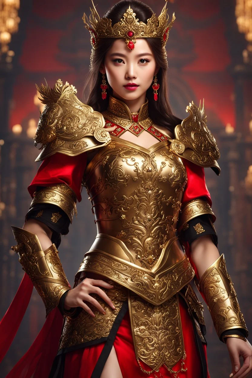 Realistic photography,front view, Beautiful Queen Warrior super model Pretty European Chinese Woman, brown hair,dressing luxury party gown,looking at viewer,traditional dress ornaments mechanical armor china traditional, intricate armor, delicate golden shine bright, black metalic parts, detailed part, jewelry diamonds,dynamic pose,abstrac background, dynamic lighting, red hour, full body portrait