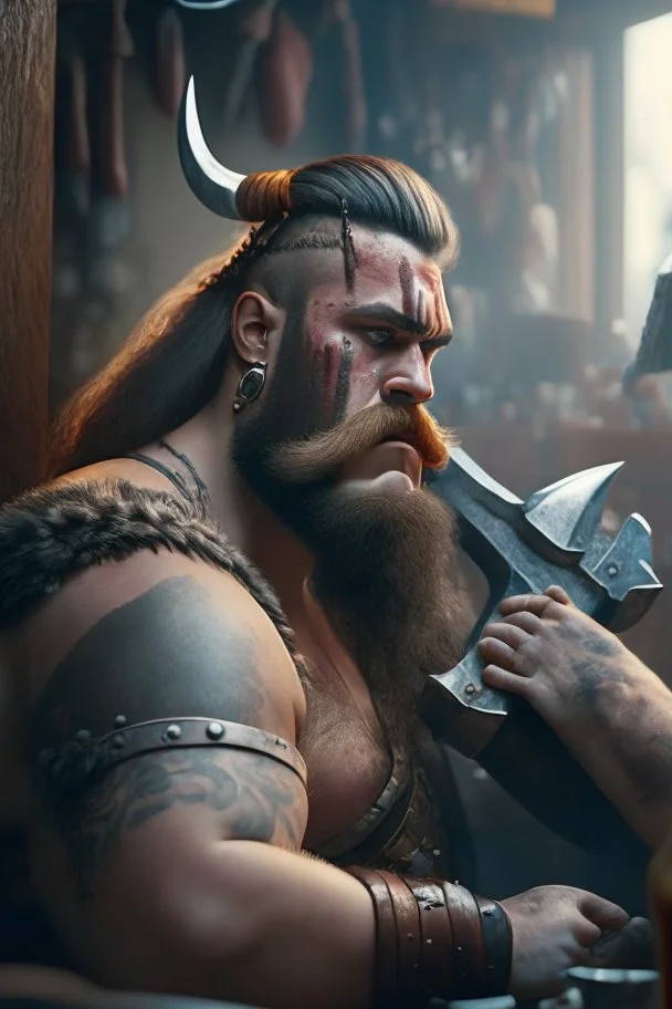 Barbarian barber shaving customer, high detail, 8k, cinematic, depth of field, art