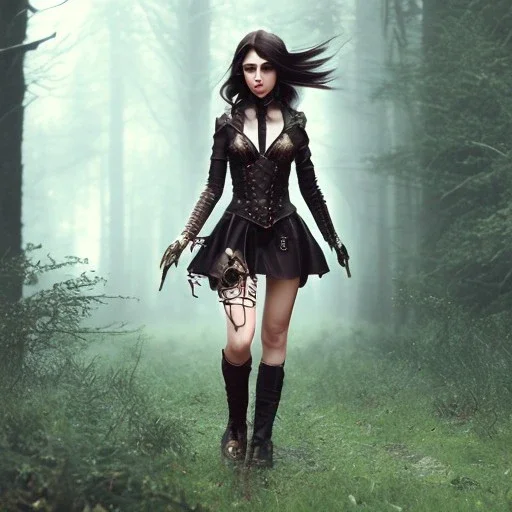 steampunk, dark forest, black hair, legs, leather clothes