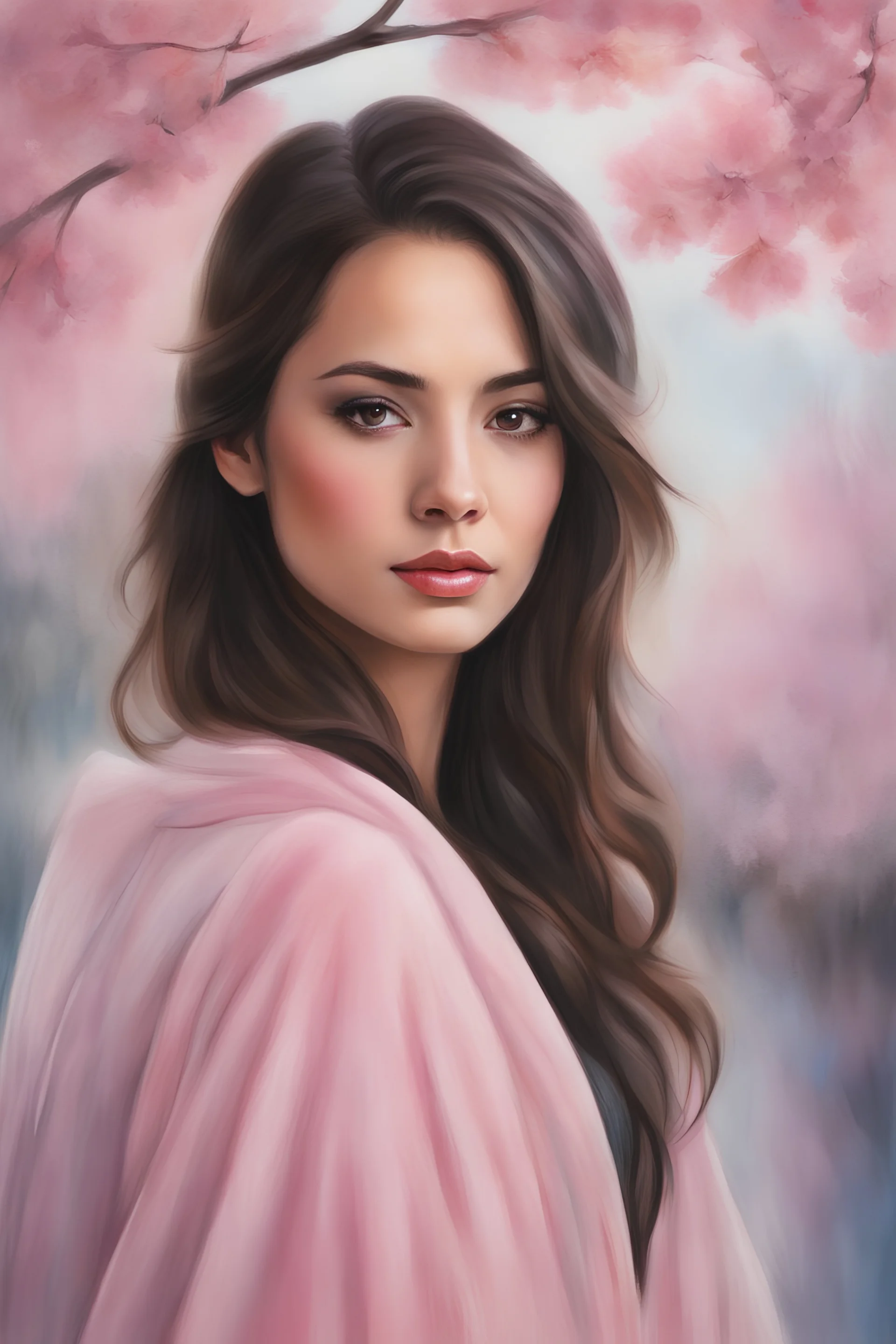 Young woman angel with large pink wings, lovely face, Dark brown eyes, elegant coat, dark medium hair, photorealistic, triadic colors, soft water colours painting, cherry tree background