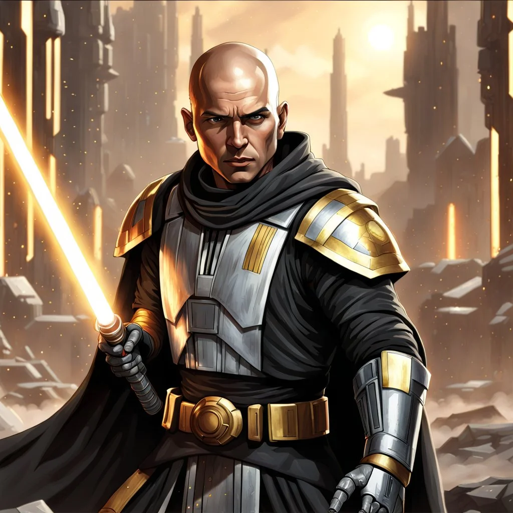 star wars bald male corellian jedi pilot wearing black and gunmetal grey old republic armored robes with gold trim, alone, battle-ready Jedi Master defending a ruined ancient city surrounded by golden light, centered head and shoulders portrait, hyperdetailed, dynamic lighting, hyperdetailed background, 8k resolution, volumetric lighting, light skin, fully symmetric details