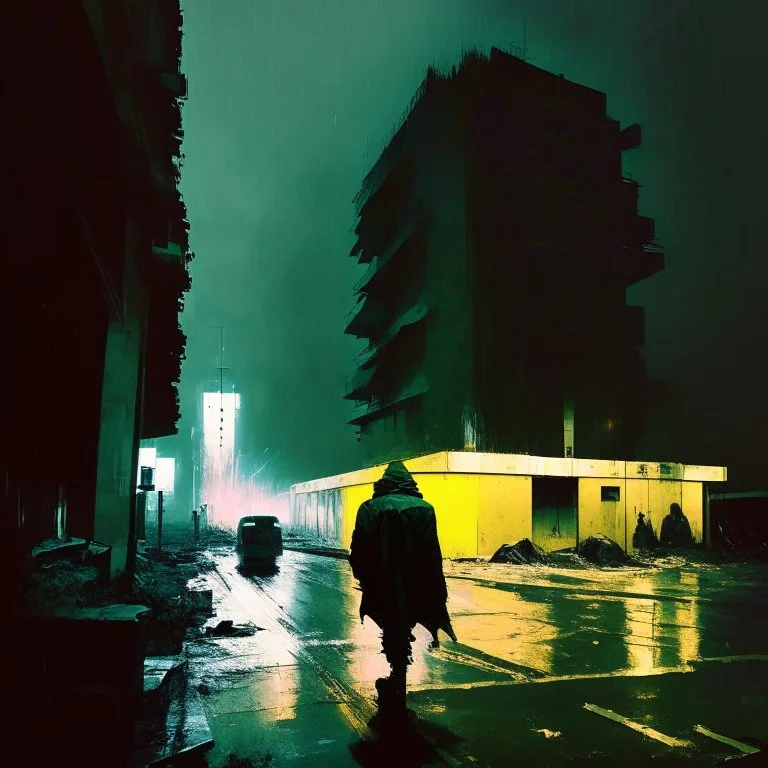 Dystopian future Wearing a trench coat. In desolate landscape at night. With a brutalist architecture concrete decaying blocks falling. Abstract oil painting in style of Justin Mortimer