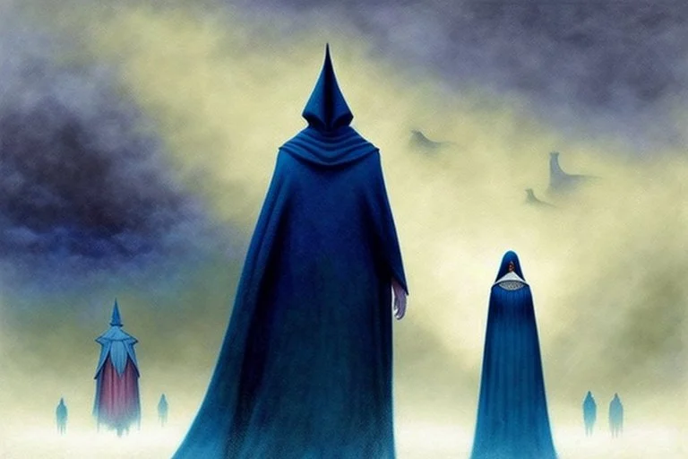 two people in capes and hoods seen from behind walking side by side in an empty foggy plain, above there is blue sky by artist "Leonora Carrington",by artist "Christian Schloe"