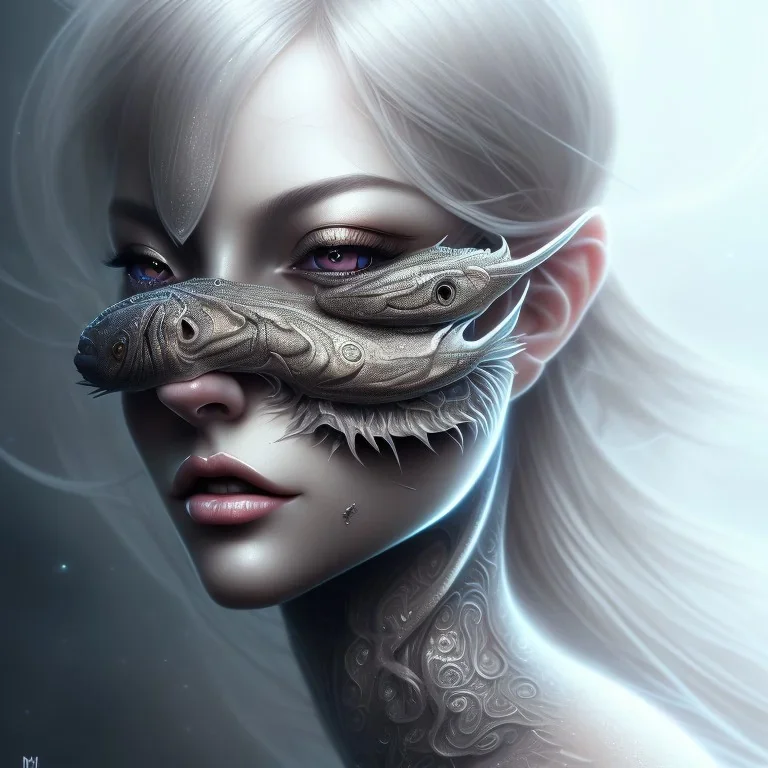 fantasy magic, intricate, sharp focus, illustration, highly detailed, digital painting, concept art, matte, masterpiece head sexy front view black blonde beauty space lady silver carp skin one head blonde space night