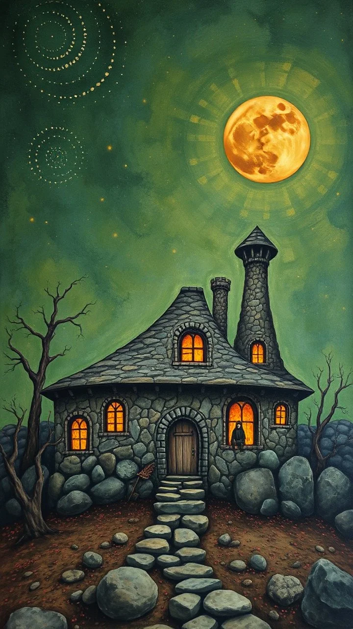 Bosch nightmares, A house made out of stones designed in cave paintings painted by Paul Ranson