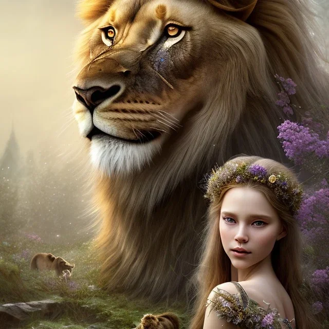 Young beautiful girl wearing floral crown next to a stunning lion on nature forest path, Chronicles of Narnia, 8k resolution, high-quality, fine-detail, iridescent, intricate, digital art, detailed matte, volumetric lighting, beautiful, illustration, 3D octane render, brian froud, howard lyon, selina french, anna dittmann, annie stokes, lisa parker, greg rutowski,