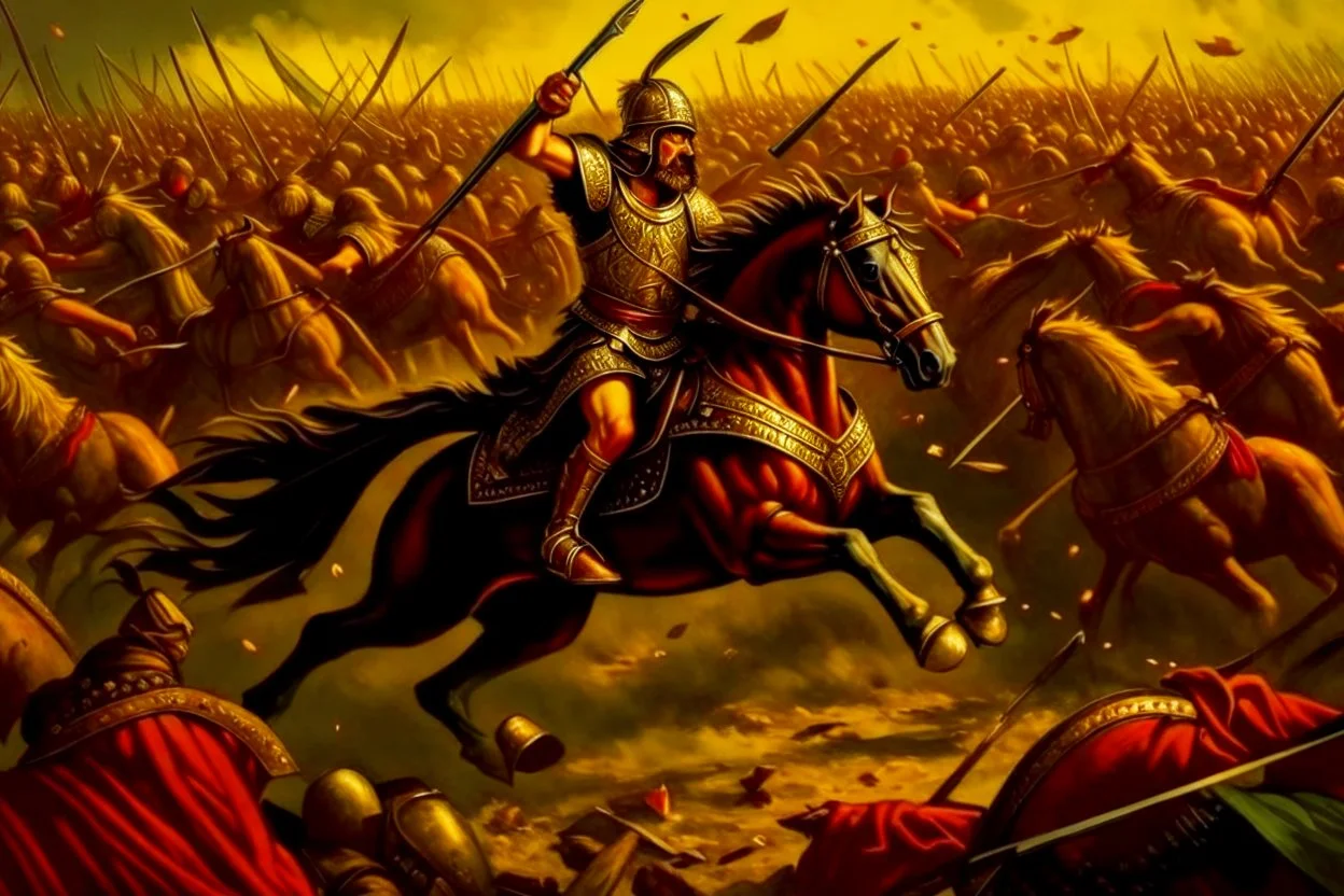 Alexander charging into battle, his army ready for conquest. But little did he know, a cunning adversary had set a trap, turning the tide of the battle in a way that left Alexander stunned and strategizing on the fly!"