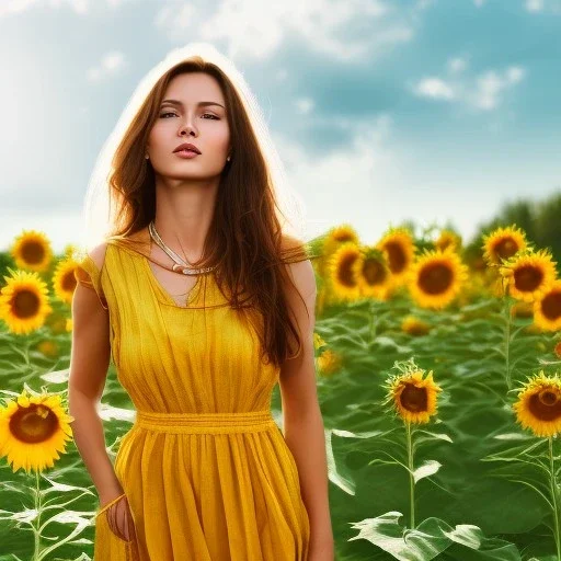 woman standing in sunflower field, back, wind, long brown hair, yellow dress