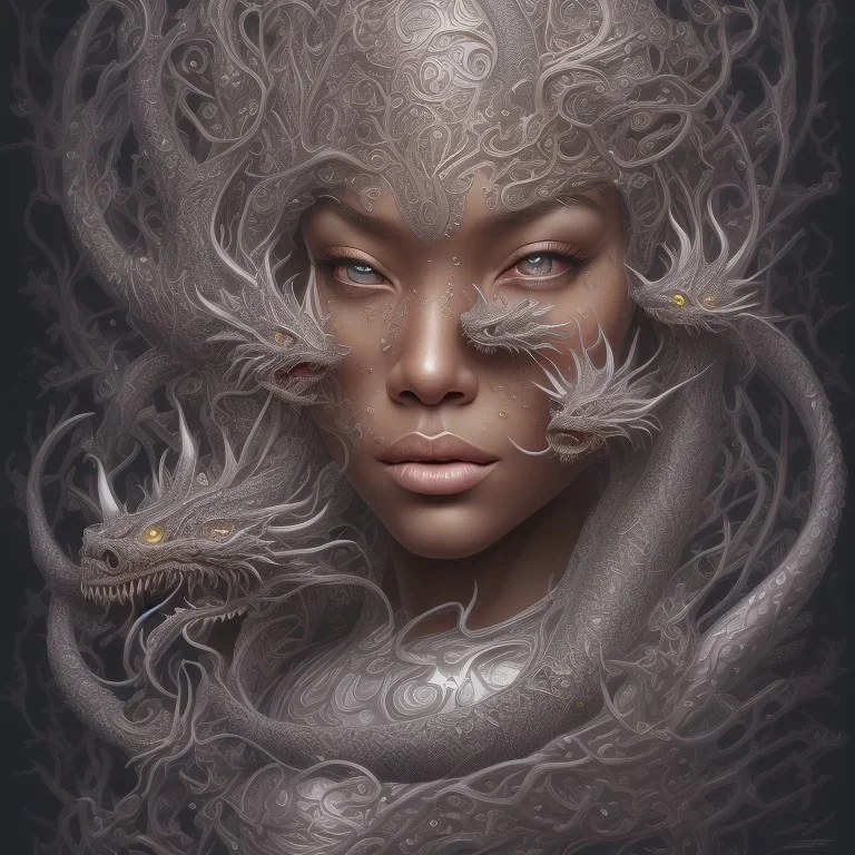 sango fantasy, fantasy magic, intricate, sharp focus, illustration, highly detailed, digital painting, concept art, matte, artgerm and paul lewin and kehinde wiley, masterpiece sexy lips Asian afro lips black African lady body mermaid Dragon head silver bright rain lady outer space pretty skull head