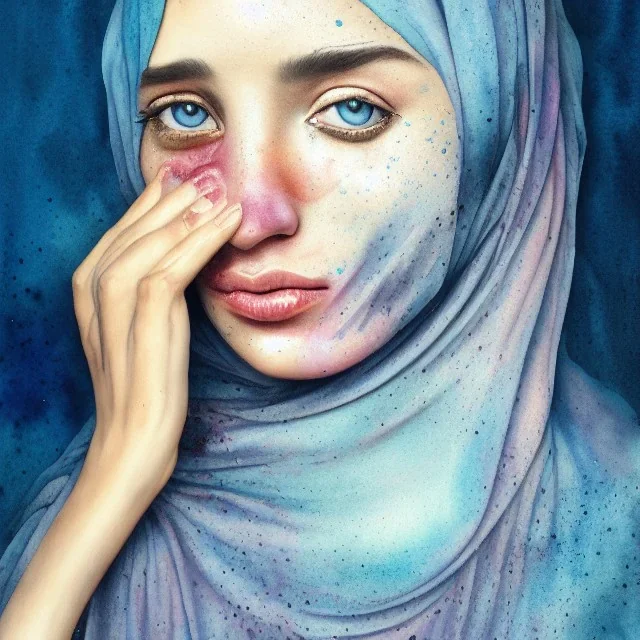 washed out, melting watercolor portrait of woman's face wearing hijab, smeared, washed out face, faded, beautiful, fine detail, highly intricate, modern surrealism painting, fog, high-quality, volumetric lighting, 8k, ultrahd, George Grie, Ben Gossens, Marco Escobedo, Igor Morski,Brian Froud, Howard Lyon, Selina French,annie stokes