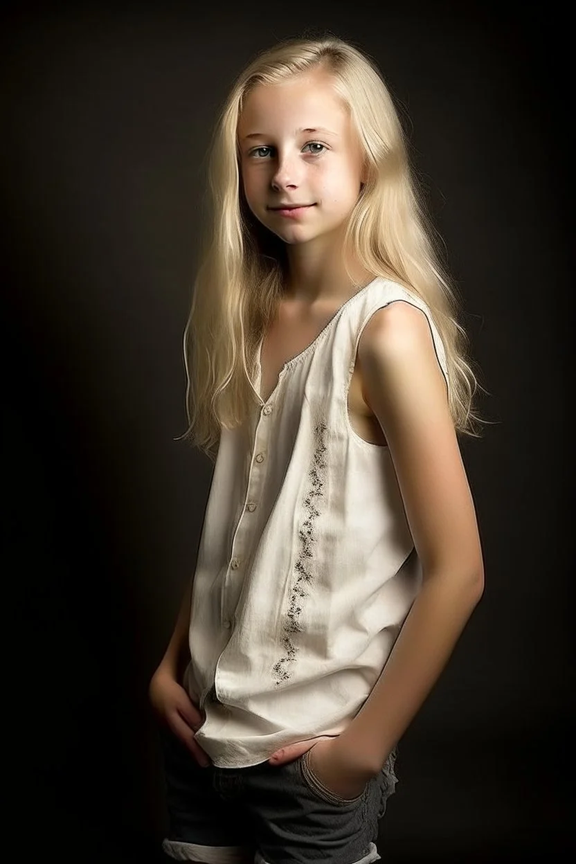 pretty girl, aged 14, blonde, conventionally attractive, dreamy, full body portrait