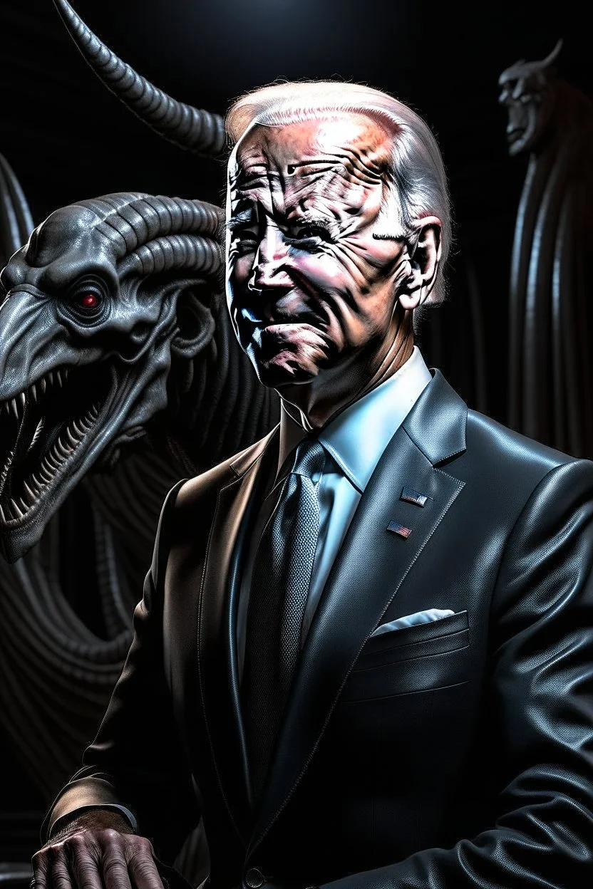 biden as a goat in the style of giger, spraypaint, photorealism, trending on artstation, 8k, depth of field, downlight, lightrays, volumetric