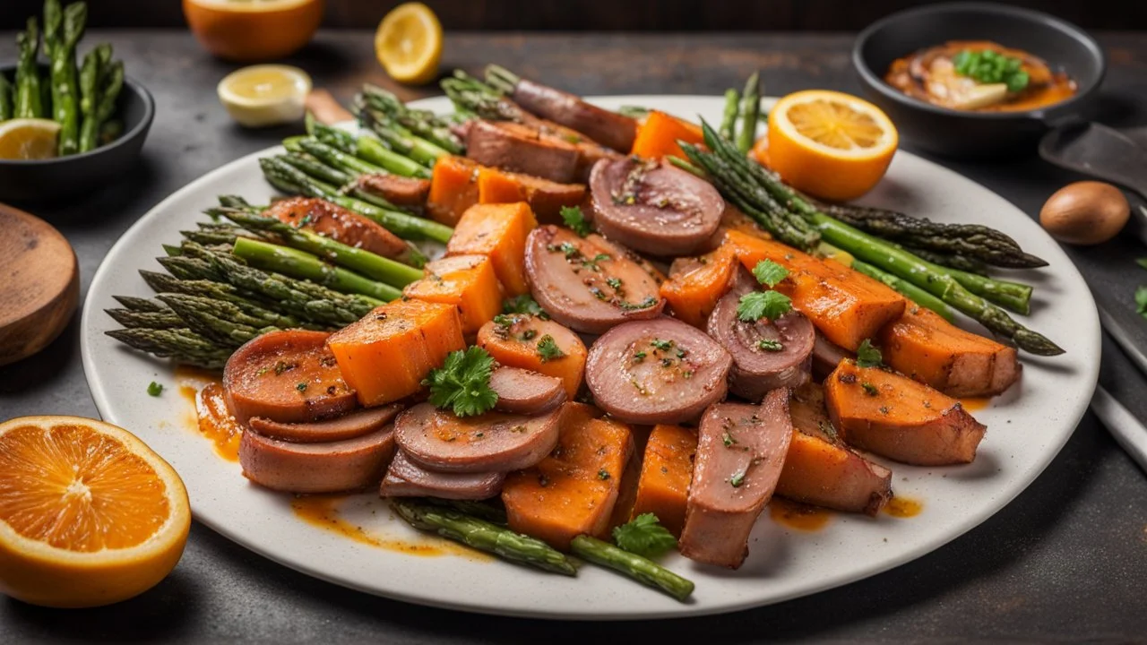 food photography shot in a kitchen island of a rustic plate that reflects the vibrant color combination of juicy turkey slices with roasted sweet potatoes, grilled asparagus spears and a variety of caramelized onions, finish the decoration with coriander leaves and lemon, a drizzle of balsamic glaze. The lighting should enhance the flavors and freshness of the presentation. 8k. wallpaper. extremely detailed, High detail, mouthwatering textures, focus on the freshness and vitality of the food.