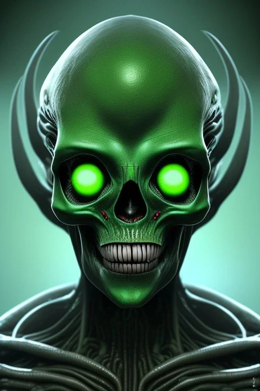 green alien, head, evil, black eyes, weapons, blood, 8k, finely detailed, photo realistic, HR Giger style turquoise skull head red Mohak