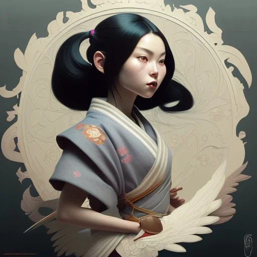 storybook illustration of cute little tengu yokai girl, raven-black hair, wearing a kimono, digital painting, pastel, illustration, art by artgerm and greg rutkowski and alphonse mucha, procreate, epic, fantastic, featured on cgsociety.art by Greg Rutkowski, Alphonse Mucha, Artgerm