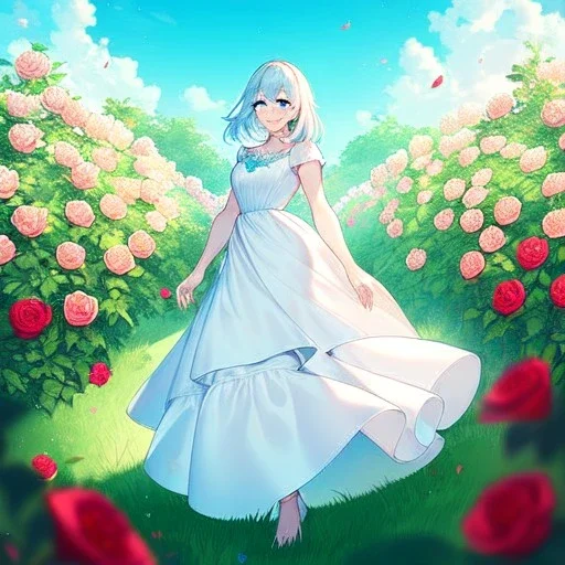 gorgeous anime girl wearing a yellow and white dress ,standing in a meadow of flowers, spreading rose pedals on the ground. beautiful eyes and a stunning smile, blue eyes, two blue eyes, perfect nose and rosy cheeks and red lips