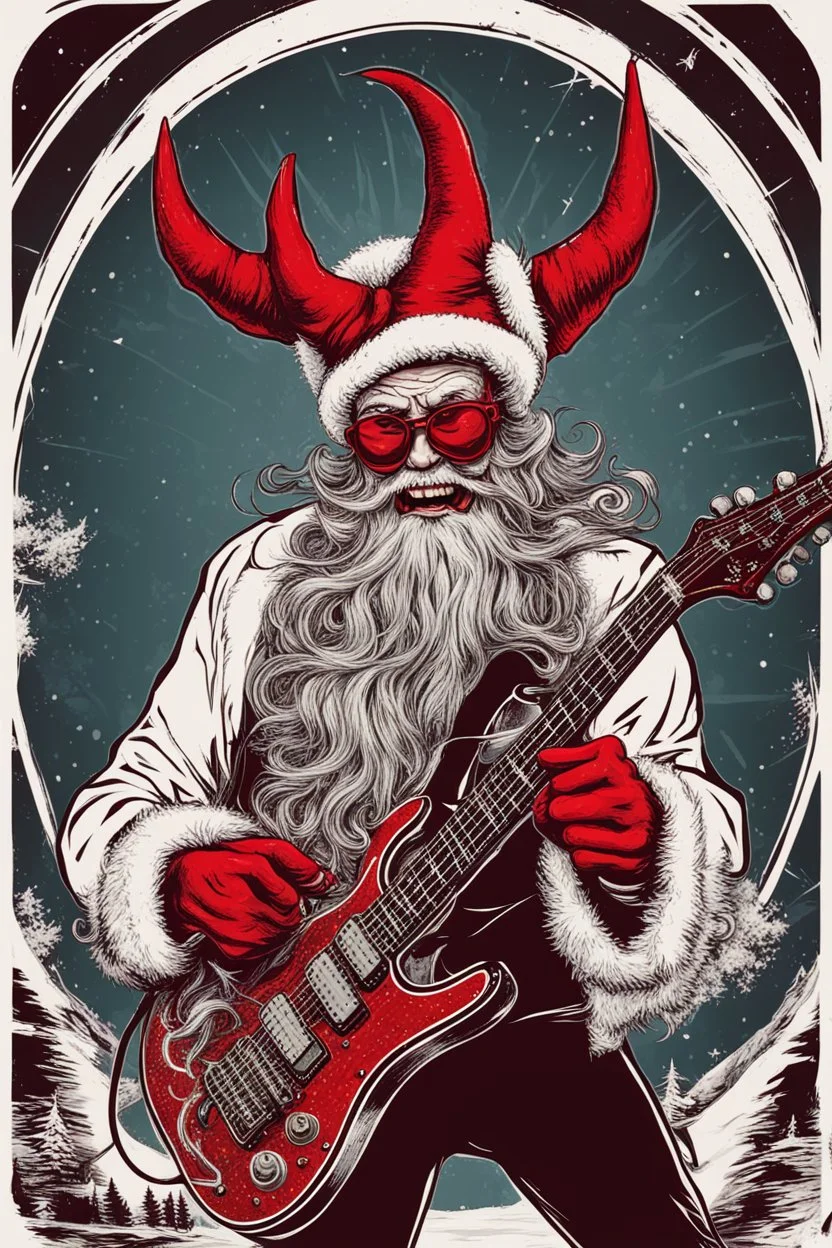 satanic santa claus with devil horns playing electric guitar