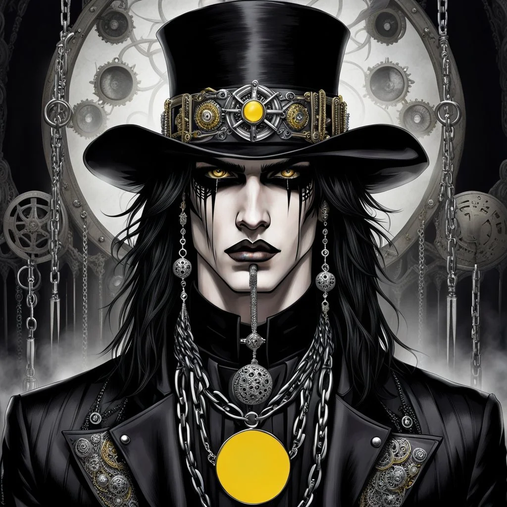 medium close from drawing a striking gothic emo male model with long black hair and intense dark yellow eyes, wearing dramatic black eyeliner and lipstick. He has pale, smooth skin with strong, sharp facial features. The model is adorned with gothic accessories silver chains , circle earring and black steampunk hat. The overall mood is dark, mysterious, and elegant, with a high-fashion gothic aesthetic. The background is softly lit with fog in gray tones, focusing all attention on the face