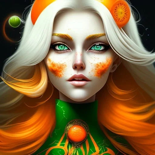 fantasy setting, woman, orange and white hair, wavy hair, freckles, ranger, more orange hair, more white hair, green eyes, more white hair, less orange hair, less orange hair, more white hair