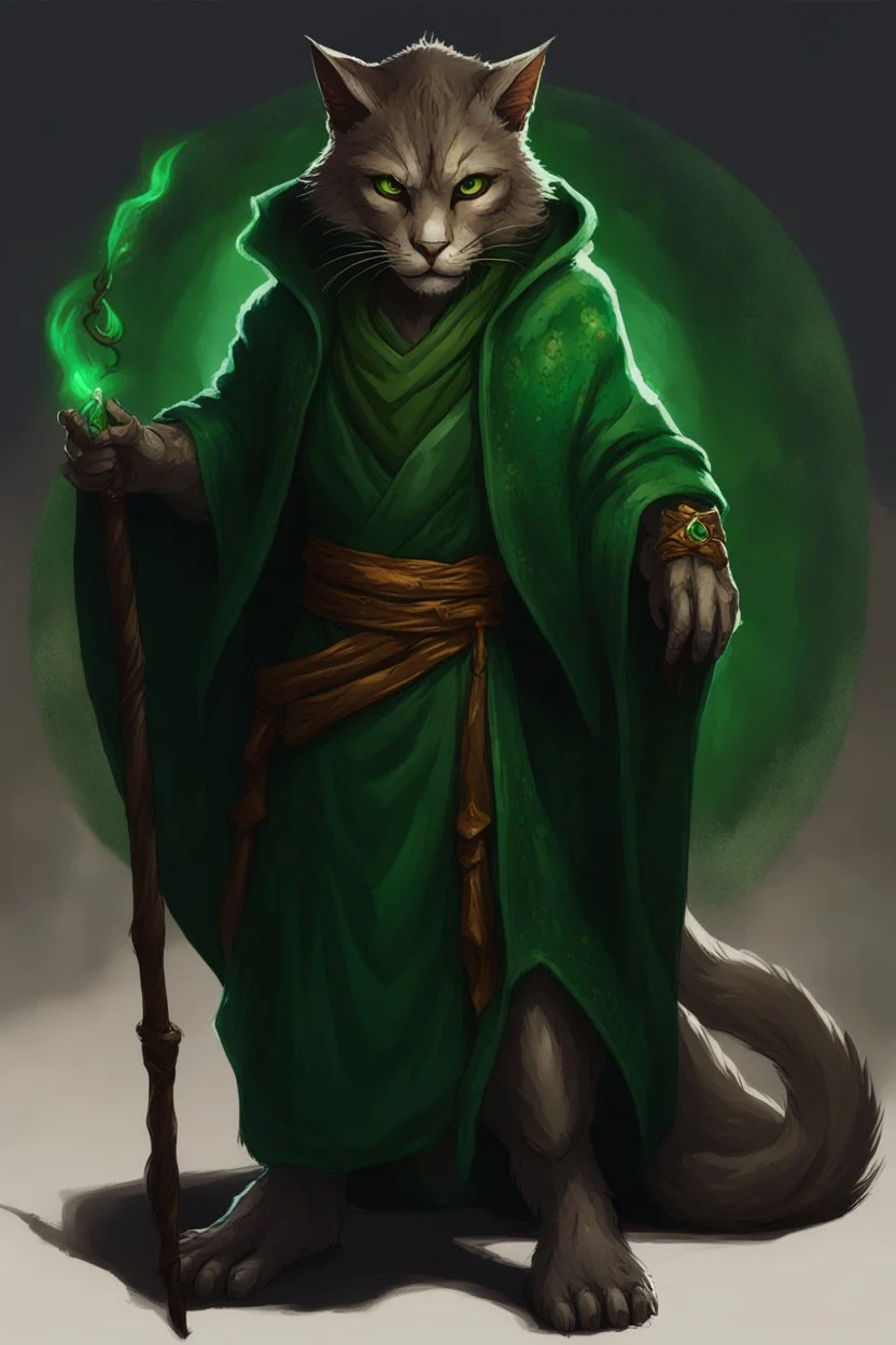 Male khajiit with grey fur and Hazel eyes wearing a emerald green robes in a fantasy setting, sorcerer of life