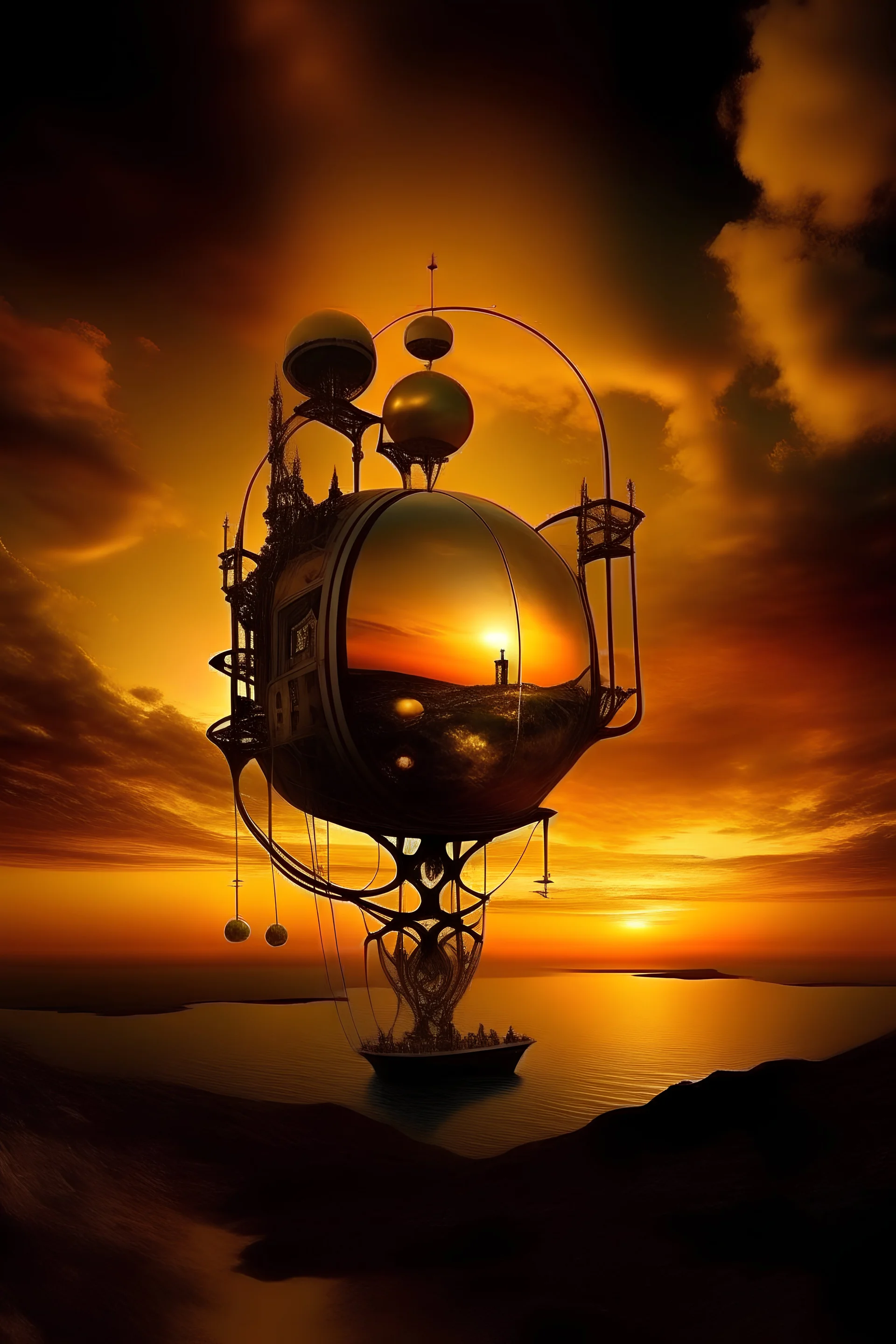 world made from machine , space , hydraulic machine, sunrise , salvador dali style