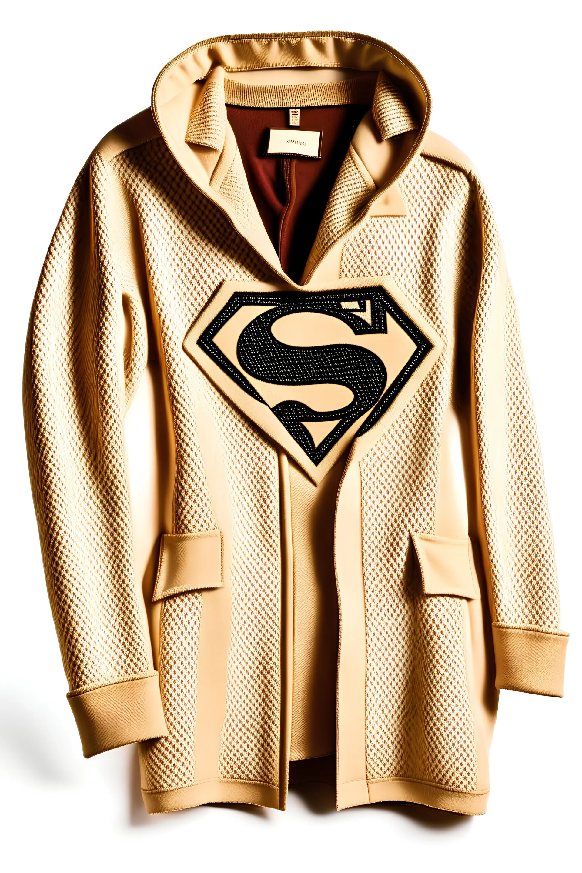 Superman's Balenciaga trenchcoat Winter elegant inspired by Superman's emblem design beige tones with dual color on a white background, product catalog photography, soft spot lighting, depth of field, 4k –ar 3:5 –q 2