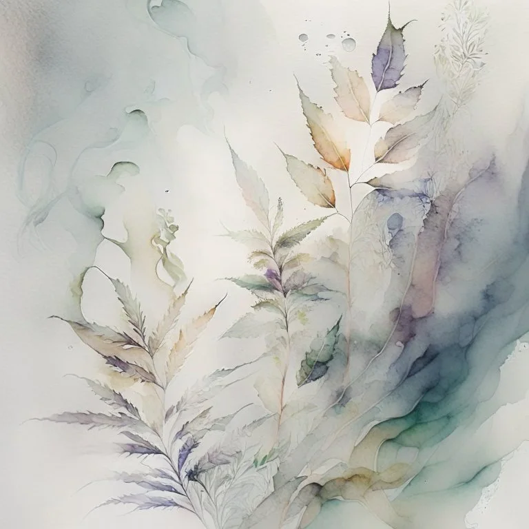 Design an artwork that showcases the pleasure and relaxation derived from indulging in hash and weed, using elements like soft textures, hazy atmospheres, and gentle curves to evoke a sense of tranquility and bliss. watercolour