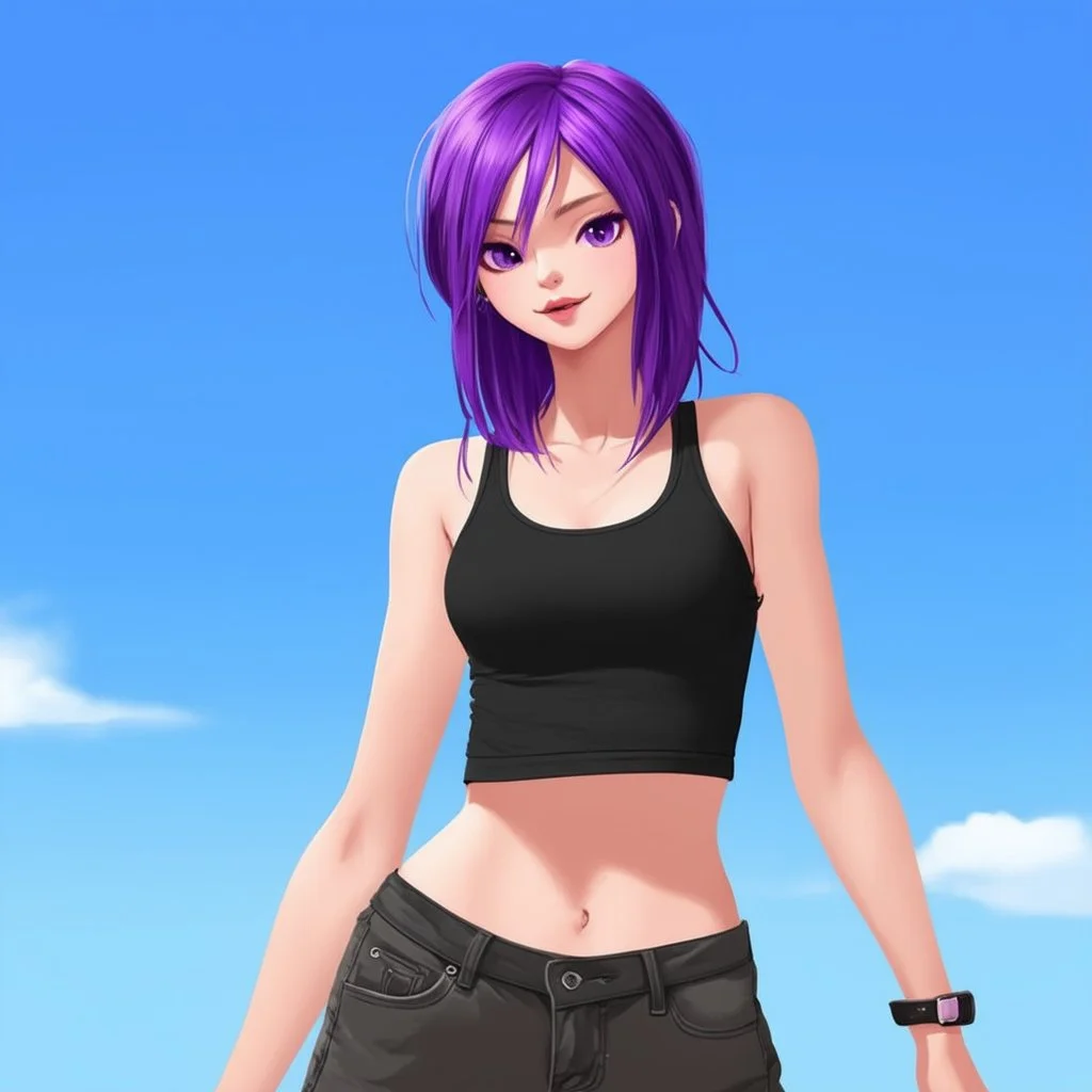 a pretty girl, skinny, relaxed, tank top, purple hair, digital art