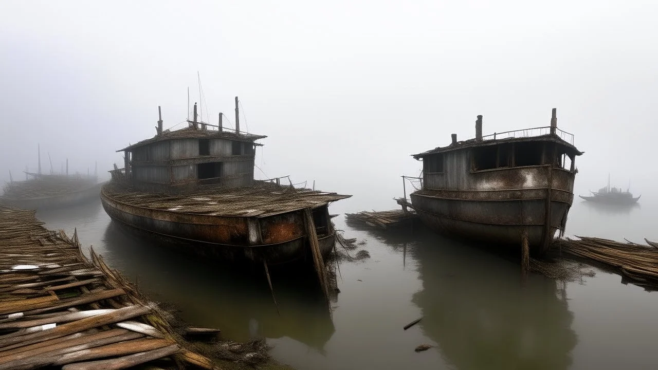 Two old, rusty barges sit on a still sea under a heavy, overcast sky; stilt houses loom ominously in the background, shrouded in a thick, gray mist.