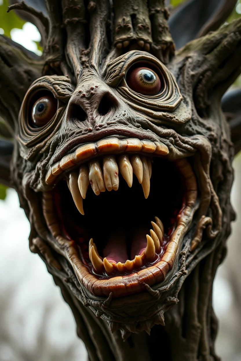 Very realistic hyper-detailed professional photograph of a tree-carnivorous with big mouth and big teeth plant open mouth wide with scary big eyes looking aarshot by Steven Meisel. The atmosphere is surreal and fantastical, reminiscent of Hieronymus Bosch's style, with a touch of grim academicism. Sharp focus, intricate detail, high contrast and the texture of 60mm film shot in the style of a Hasselblad camera.