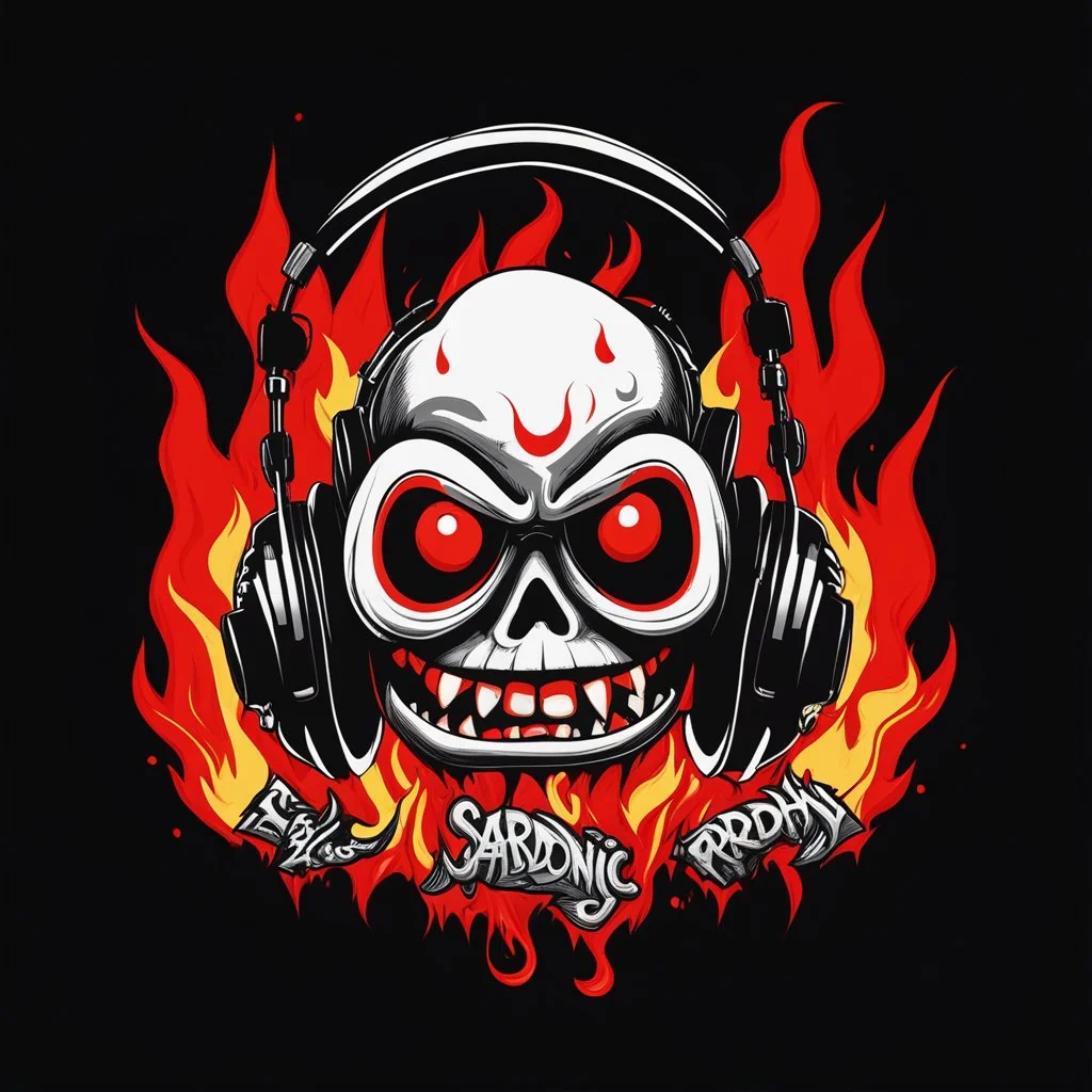 Futuristic block text "SARDONIC HARMONY" in minimalist logo for a rock band inspired by the styles of Ed Big Daddy Roth, graffiti art. sinister, evil marshmallow head caricature with headphones breathing red flames. The background is dark.