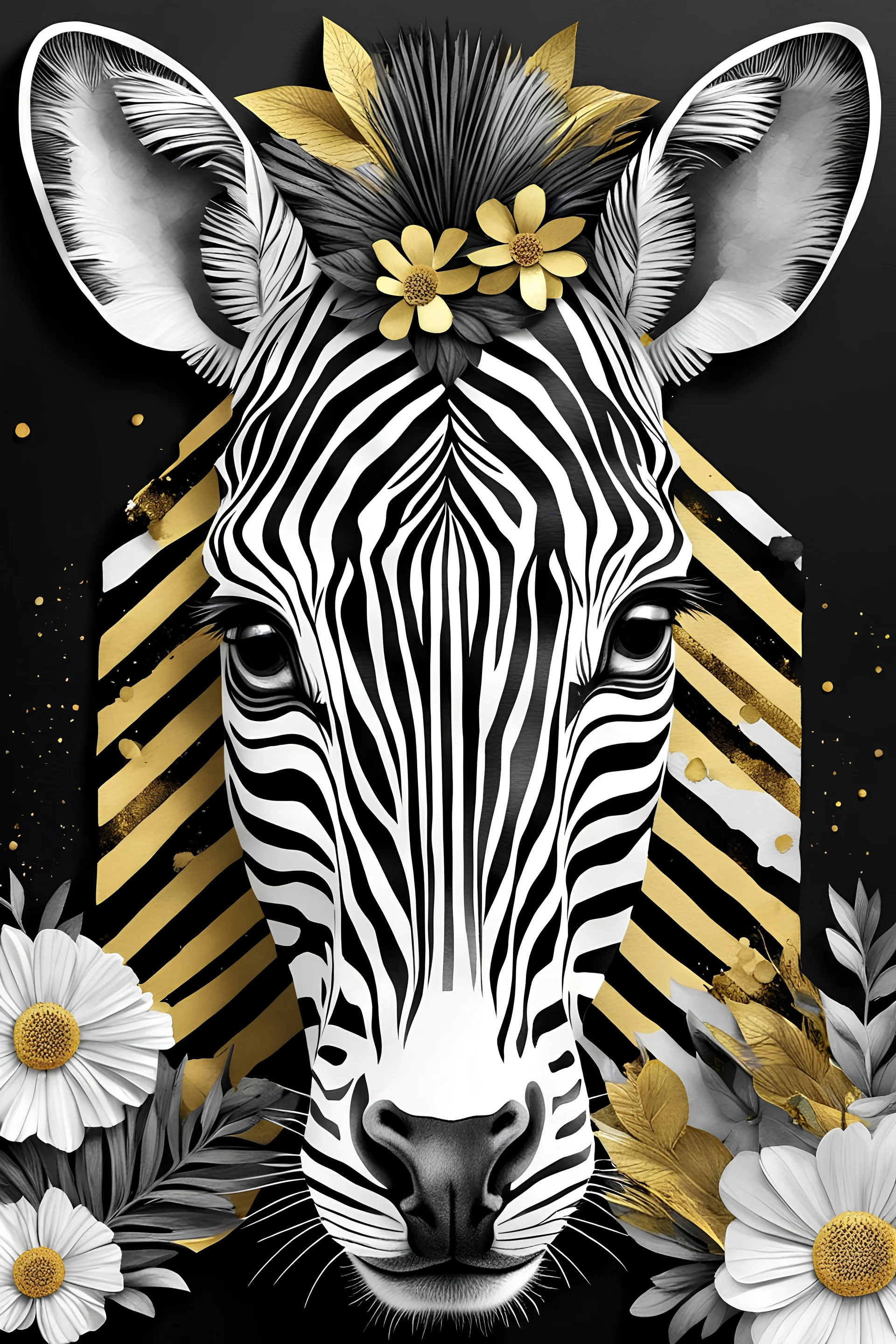 Mixed media representation of a zebra face, paper cutout aquarelle style intertwined with vector graphic flowers in watercolor, black and white horizontal stripes uniform in size, flanked by resin-made golden elements, banner featuring hand-lettered typography and an exact geometric pattern of black and white stripes filling the background, trending on ArtStation with sharp focus, intricate details by Greg Rutkowski, ultra realistic, digital painting., Watercolor, trending on artstation, sharp f