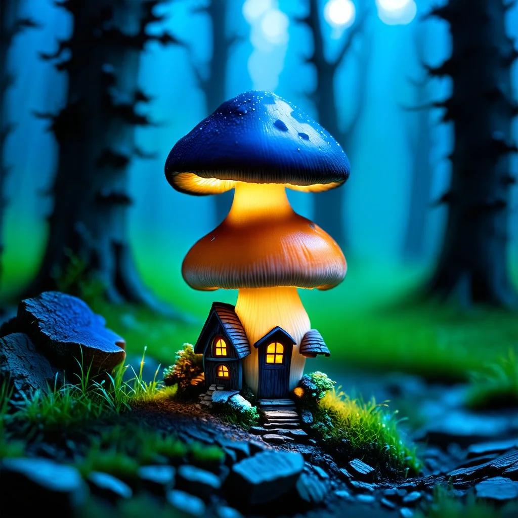 "Close up of a wonderful tiny Mushroom Tower home. indigo and orange with bright white, deep black and contrasting tones of gray. Illuminated bioluminescent forest. Professional painter, master at composition. small but detailed. broken, blurred background, voluminous lighting"