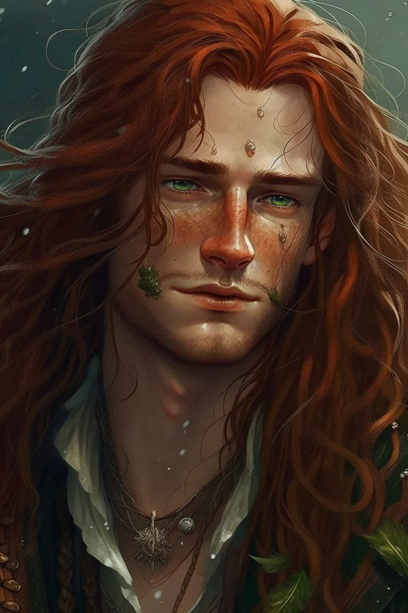 wet pirate nereid male with freckles and seaweed highlights in long auburn hair