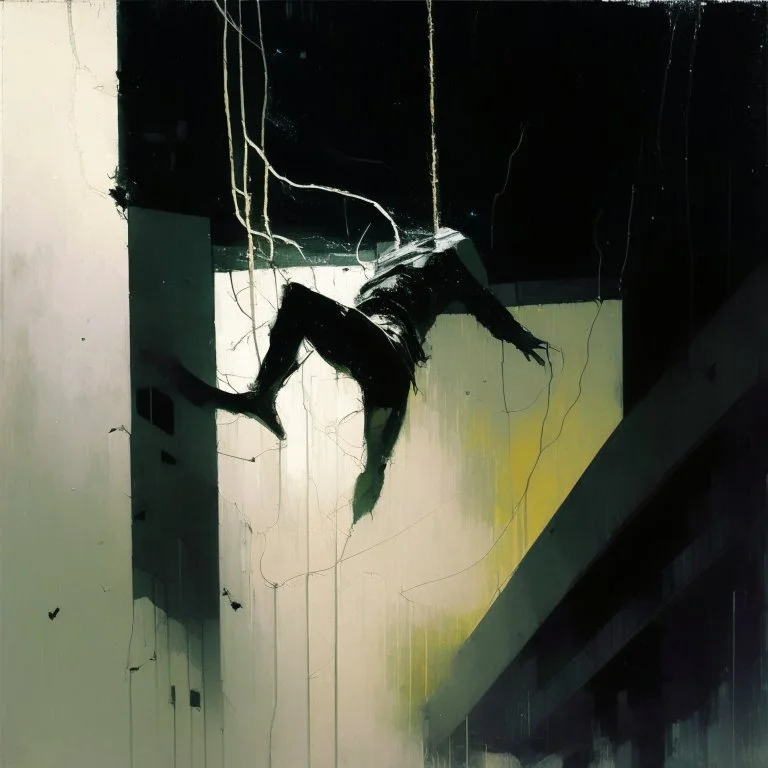 Minimal abstract oil painting of a falling person. Amongst concrete fragments brutalist architecture and hanging wires illuminated at night. In the style of Justin Mortimer and Phil Hale and Ashley Wood