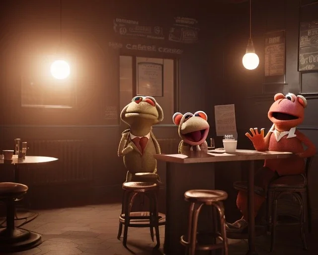 Cafe scene, muppet head with real body detective man, real photo, concept art, retro style, smooth, unreal engine 5, god lights, ray tracing, RTX, lumen lighting, ultra detail, volumetric lighting, 3d.