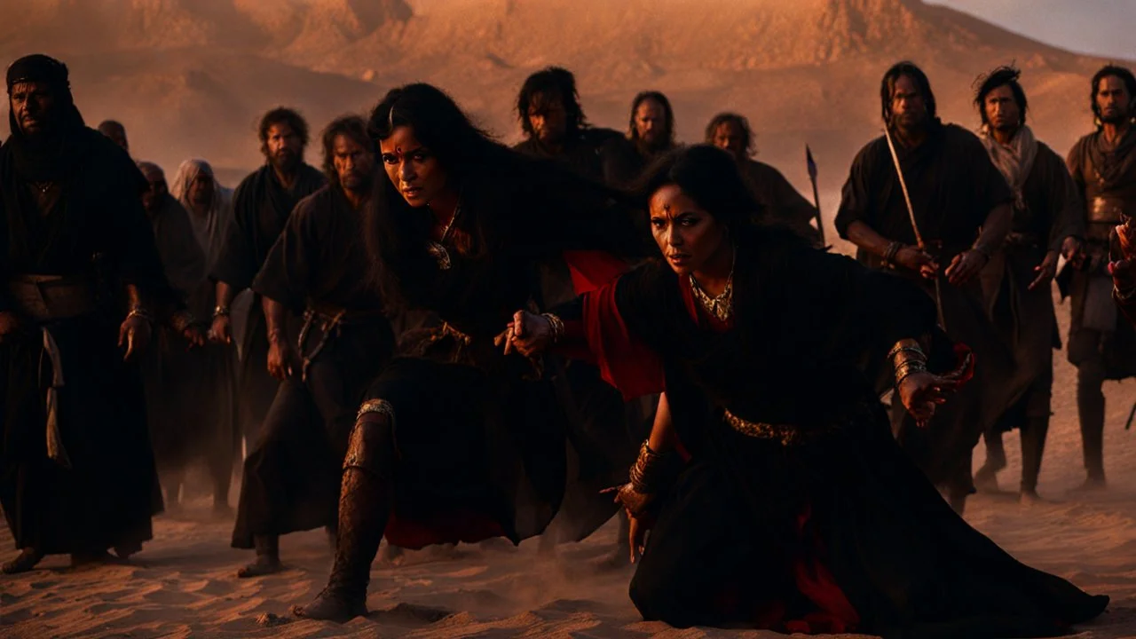 a woman in blood warring black in the desert surrounded by men and women through stones on her.