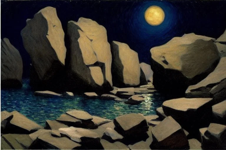 Rocks, night, 2000's sci-fi movies influence, gustave caillebotte impressionism painting