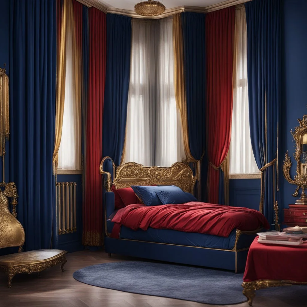 Living room in midnight blue, red and gold. A wide old bed and a large window with curtains