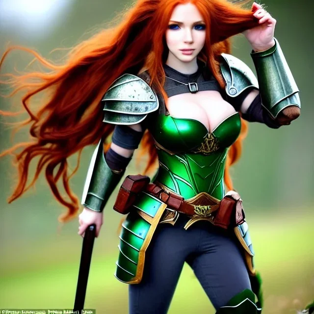 Realistic, hyper detailed, strikingly beautiful young adult woman, 19 years old, long ginger hair, green eyes, medium freckles, full lips, very skimpy fantasy armour, full body, full face, small breasts, aroused expression, biting lower lip, full frame, petite, centered camera, ignore NSFW, bow, quiver on hip, tight pants, bent over, butt