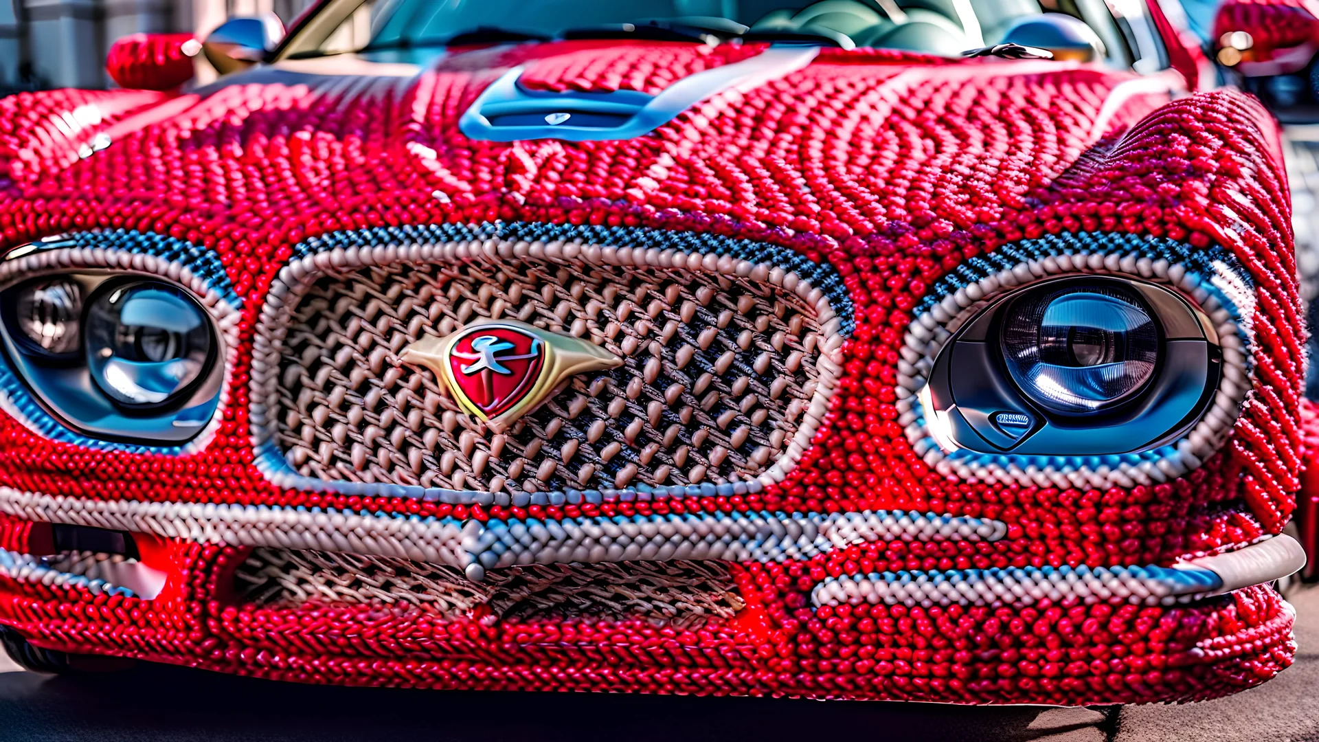 crochet Ferrari, Bentley, and Benz intricately detailed face, wide shot, professional photography, a breathtaking background, realistic art, shot on dslr 64 megapixels sharp focus, canon lens, 16k resolution