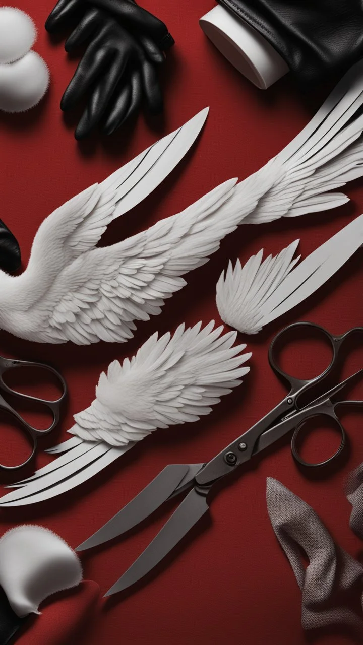 White clipped wings on a red fabric, next to scissors and black leather gloves. Cinematic image