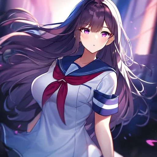 Clear Focus, High resolution, pink long hair that is parted beatifuly, purple eyes, Wearing a sailor uniform, epic battle scene, dark