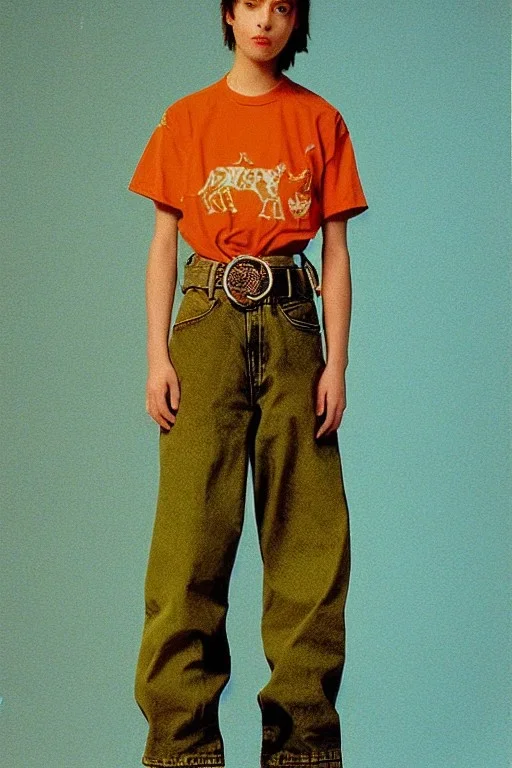 year 1998 denim fashion. Loose, baggy, low waist Combat pants and t-shirt. Colors: denim blue, blue, purple, cream, khaki, light green, lilac, plum, orange, terracotta, red, light yellow, lion yellow, pink, dark blue, beige. Lynx-pattern, Sturnus vulgaris-print. wide belt. Partly latex or leather. Kylie Minogue, Tyra Banks. leg warmer. Cargo pants.