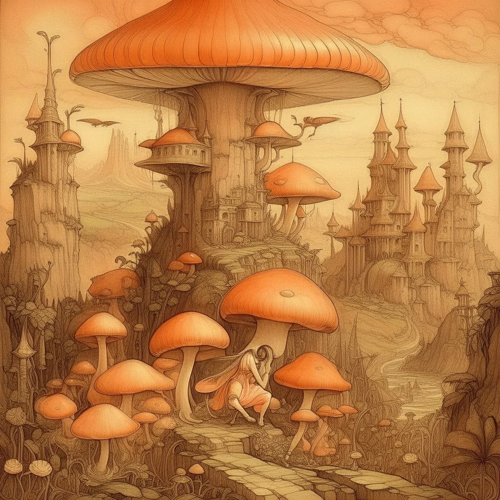 A light rosy orange colored kingdom with mushroom fairies painted by Leonardo da Vinci