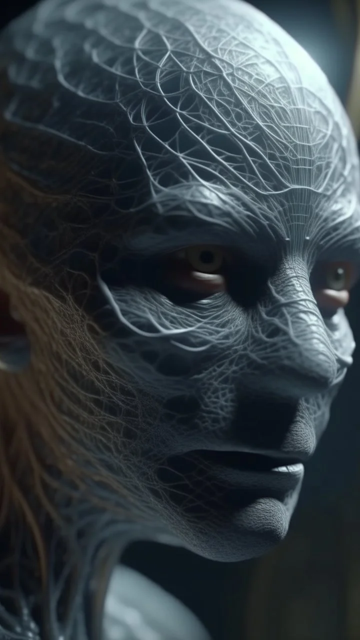 A hyperrealistic shot of an alien head out of a spider web, intricate details, soft natural light, screen captured from 4K Blu-ray