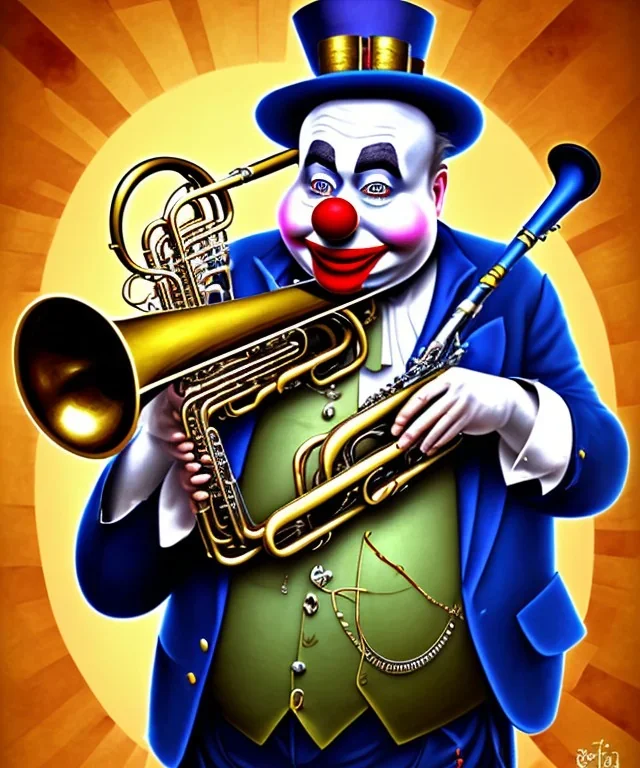 mechanoid happy old friendly fat clown with trimmed beard playing jazz with a steampunk theme, trumpet, realistic