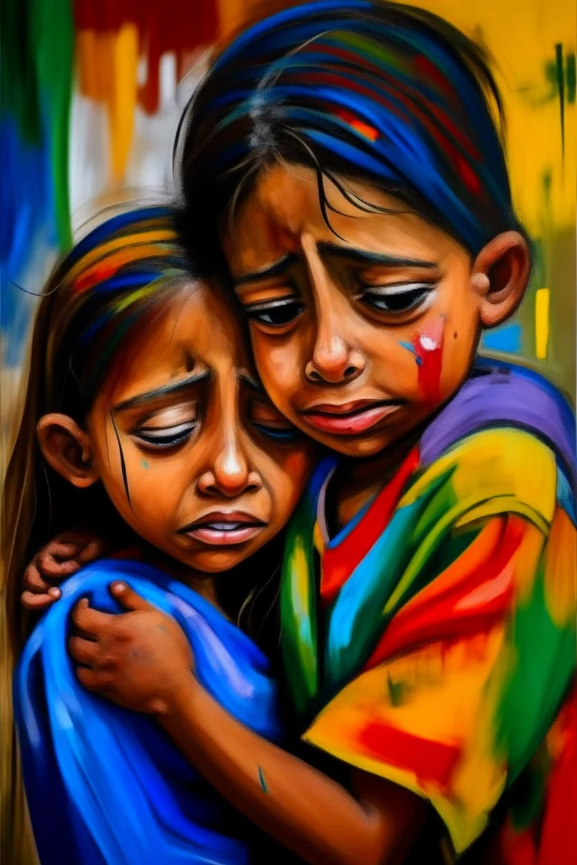 a girl hug her brother and both crying sadly, expressionism, Pixar style, in abstract art Basquiat, Picasso, Miro, Kandinsky, Klee, Birell, Fairey, Ardon, Buffet and Picasso style, HD --s 750 --v 5.1 --style raw, water color